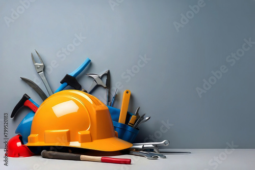Celebrate the spirit of Labour Day with a stunning illustration featuring a hard hat and tools. This is the perfect opportunity to showcase your company's commitment to hard work and dedication. The i