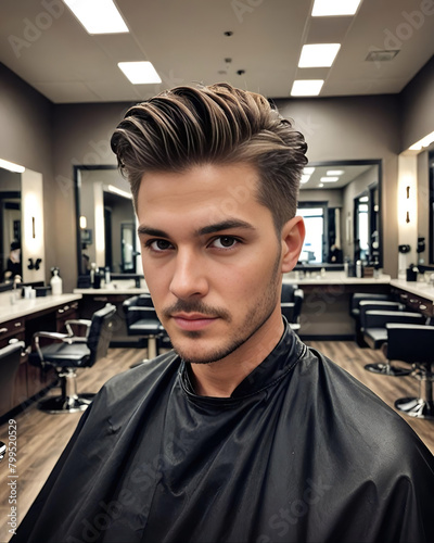 Retrato de un hombre joven en una peluquería de caballeros 