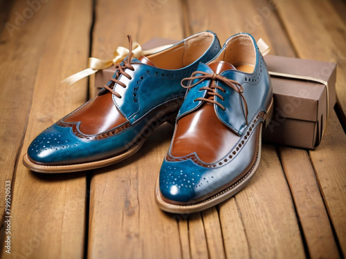 Men's Shoes with Gift Box and Bow in Masculine Blues and Browns - Father's Day Gift Guide Theme