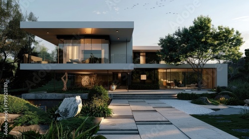 Modern architecture house exterior design luxury concept 3D render driveway