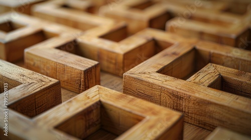 A wooden block maze with one block moving towards an exit  symbolizing a leader navigating through challenges  bright minimalist background  space for text