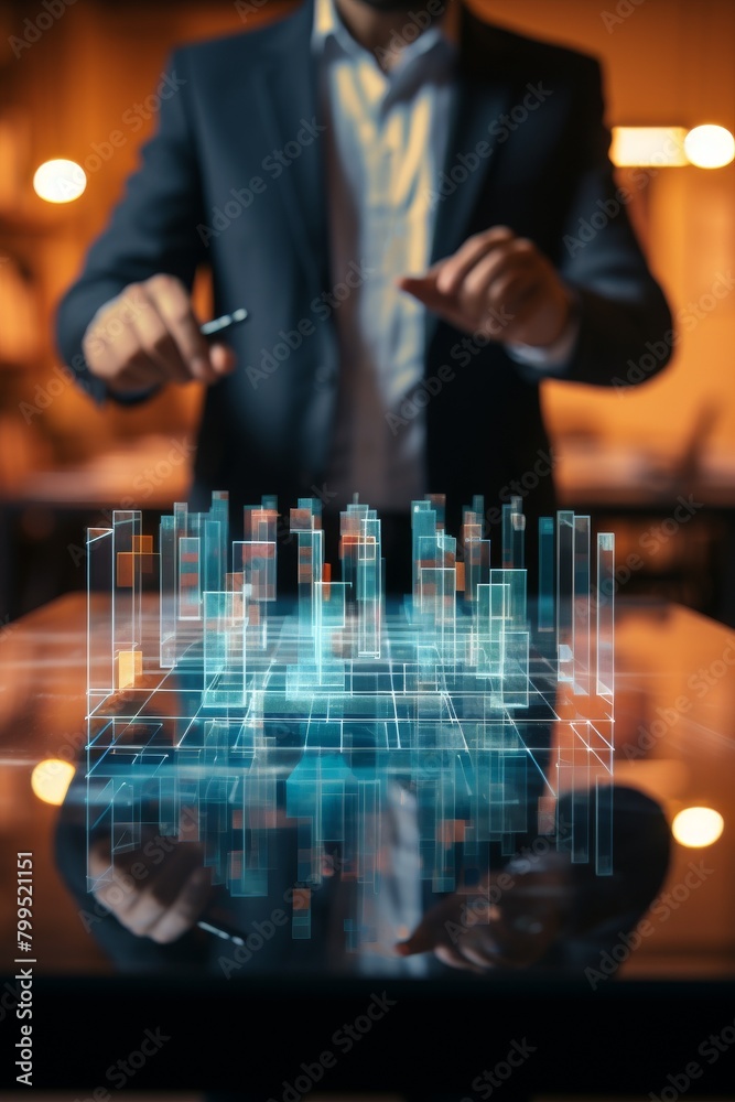 Close view of a leader sharing success metrics in real-time through augmented reality, ensuring transparency and alignment, with room for text on an isolated background Close view of a leader sharing success metrics in real-time through augmented reality, ensuring transparency and alignment, with room for text on an isolated background