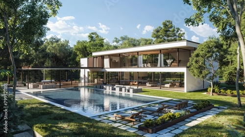 modern cubic house with swimming pool and beautiful garden