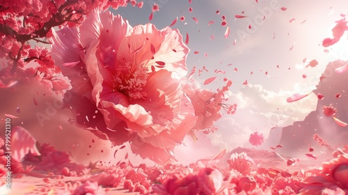 Beautiful pink peony flowers in the sky. 3d rendering, copy space © Katsiaryna