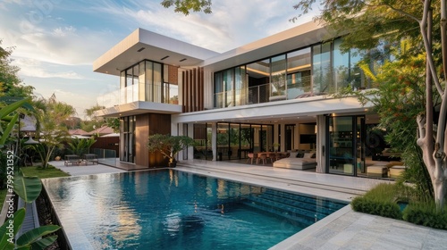 modern cubic house with swimming pool and beautiful garden © Khalif