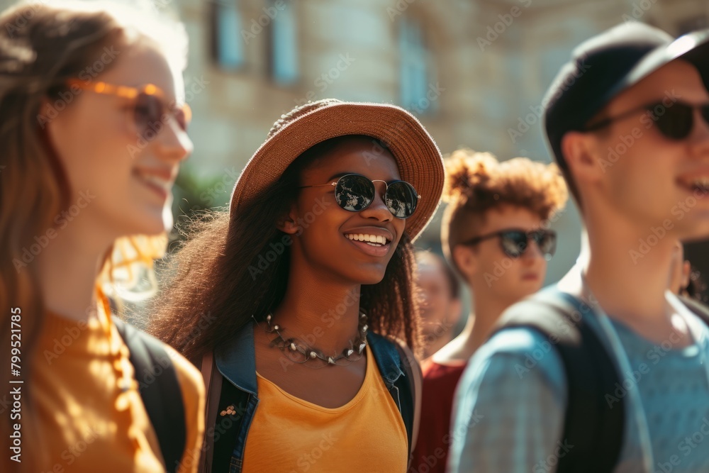 Portrait of a group of young people walking in the city. Portrait of a group of young people walking in the city.
