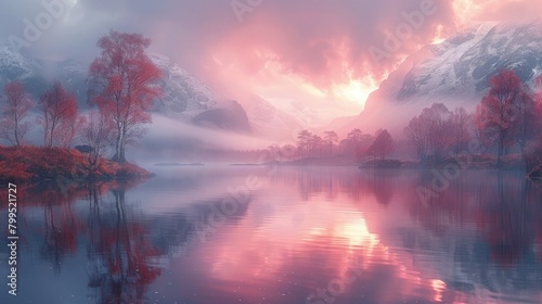 Tranquil Mountain Lake at Dawn with Rising Mist © pengedarseni