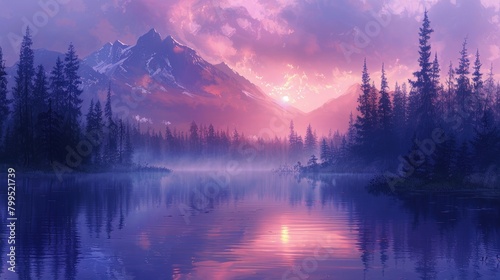 Tranquil Mountain Lake at Dawn with Rising Mist
