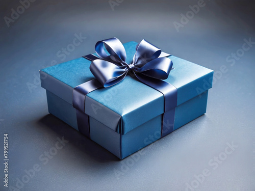 Small Luxury gift box with a blue bow on dark blue table. Side view monochrome . Fathers day or Valentines day, Corporate gift concept or birthday party. Festive sale design.