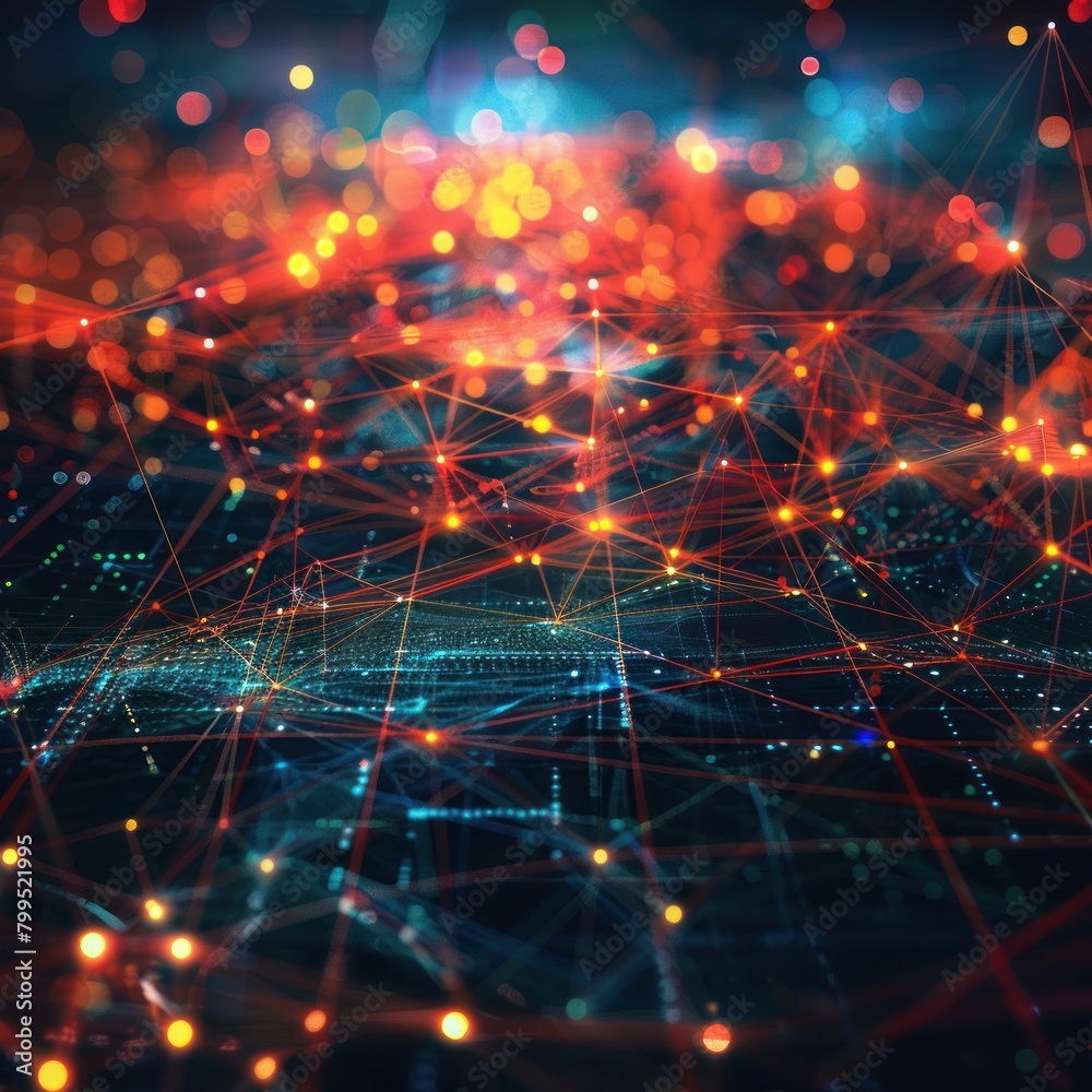 Obraz premium Digital abstract cyberspace many points and lines connecting data that lights up, internet transfer speed. Concept for technology, future, connectivity, data visualization.