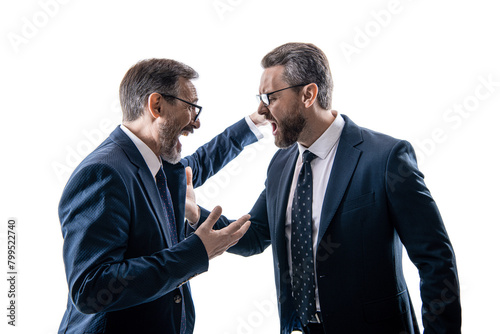 two businessmen conflicting at rivalry having business fight isolated on white