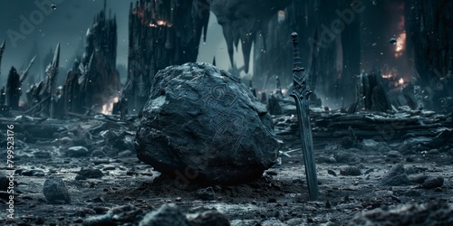 In a futuristic sci-fi world, King Arthurs legendary sword, Excalibur, glows with an otherworldly energy as it undergoes a transformative process to become a weapon of immense power.