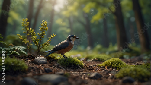 A blue bird is standing on a mossy patch of ground