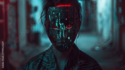 Oni green mask sign pose cyberpunk anime boy head design photo