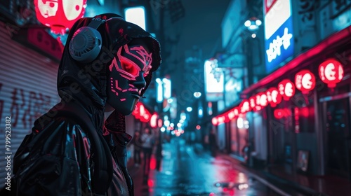 Oni mask sign pose cyberpunk anime boy head design photo