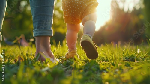 A close up of a baby's bare feet and a woman's bare feet walking on green grass.

 photo