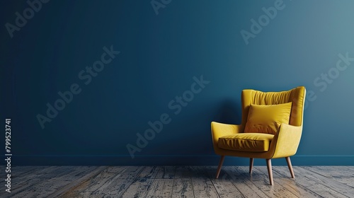 A dark blue wall is to the left of a bright yellow armchair. The yellow armchair is sitting on a gray floor. To the right of the armchair is a floor to ceiling window with white blinds. There is a pot
