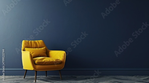 A dark blue wall is to the left of a bright yellow armchair. The yellow armchair is sitting on a gray floor. To the right of the armchair is a floor to ceiling window with white blinds. There is a pot