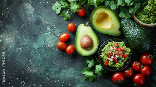 Authentic Mexican Guacamole on Rustic Green Table photo