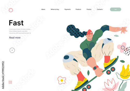 Life Unframed: Skateboarder -modern flat vector concept illustration of skater jumping above flowers. Metaphor of unpredictability, imagination, whimsy, cycle of existence, play, growth and discovery