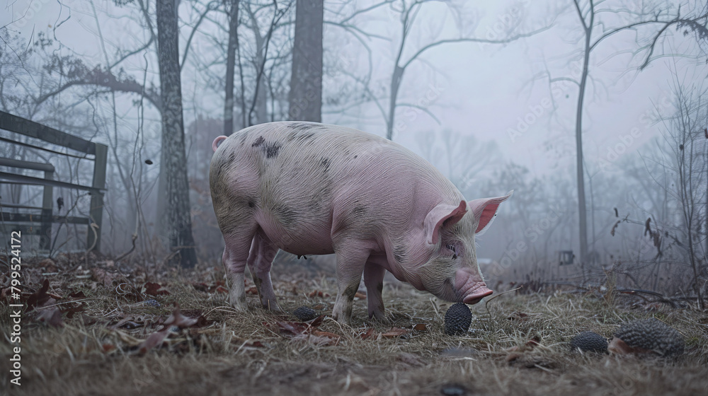 Pig Foraging for Truffles in Misty Woodland Pig Foraging for Truffles in Misty Woodland