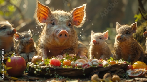Pig Feasting on Banquet in Magical Forest Clearing