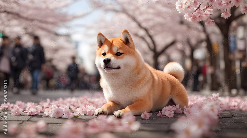 A dog is laying on the ground in front of a tree with pink flowers A dog is laying on the ground in front of a tree with pink flowers