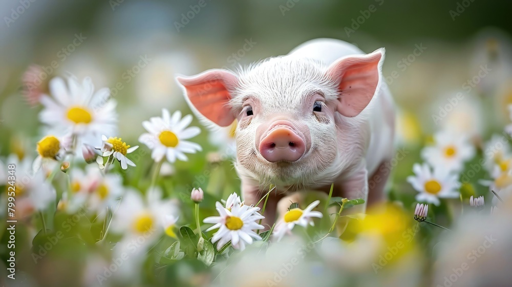Curious Piglet Exploring Wildflower Field Curious Piglet Exploring Wildflower Field