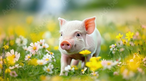 Curious Piglet Exploring Wildflower Field