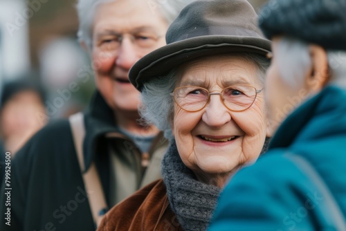 Portrait of a smiling elderly woman with glasses and a hat.