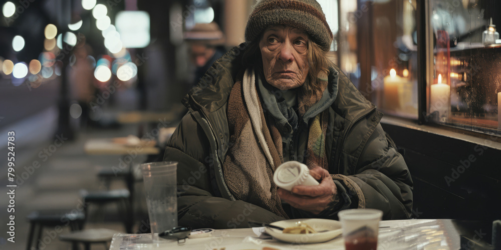 A homeless woman in dirty clothes sits in cafe and orders food.