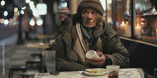 A homeless woman in dirty clothes sits in cafe and orders food. photo