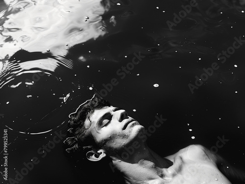 Un homme flotte dans l'eau noire, submergé par ses angoisses existentielles, ses pensées coupables et suicidaires, représentation de la dépression