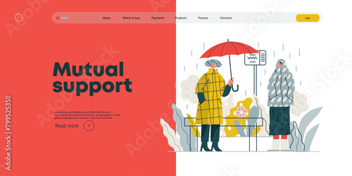 Mutual Support: Offer an umbrella to a stranger -modern flat vector concept illustration of a at a bus stop in the rain offering an umbrella A metaphor of voluntary, collaborative exchanges