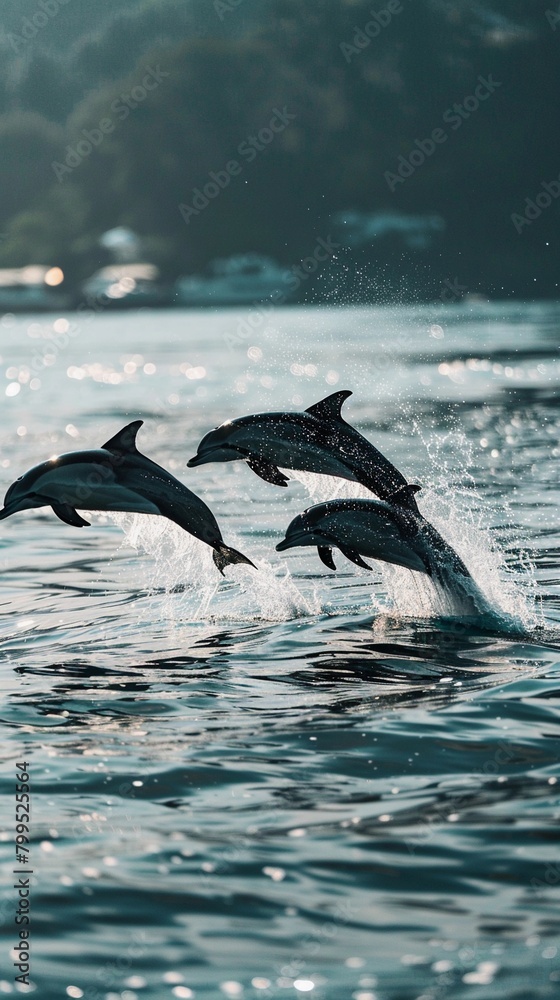 Playful Dolphins, Silhouettes of dolphins leaping out of the water in a synchronized display of joy Playful Dolphins, Silhouettes of dolphins leaping out of the water in a synchronized display of joy