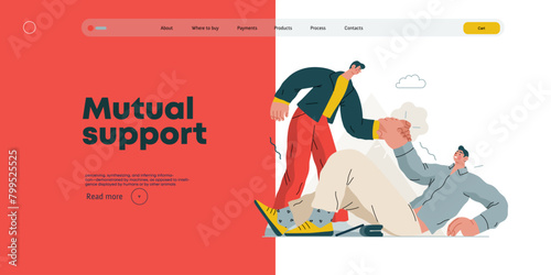 Mutual Support: Helping a fallen person get up -modern flat vector concept illustration of man assisting another man to stand up A metaphor of voluntary, collaborative exchanges of resource, services