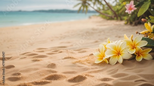 A beautiful bouquet of flowers is placed on the sand at the beach