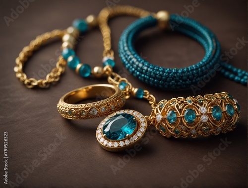 Set of jewelry for women on a dark background. Selective focus.