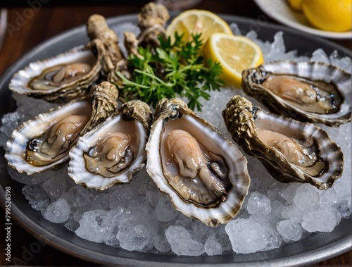 Fresh oysters on ice with lemon and sauce. Seafood.