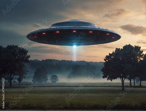 UFO in the night sky. Flying saucer in the sky.