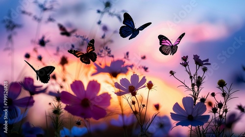 Butterfly Fluttering, Silhouettes of butterflies fluttering among flowers in a garden © Hifzhan Graphics