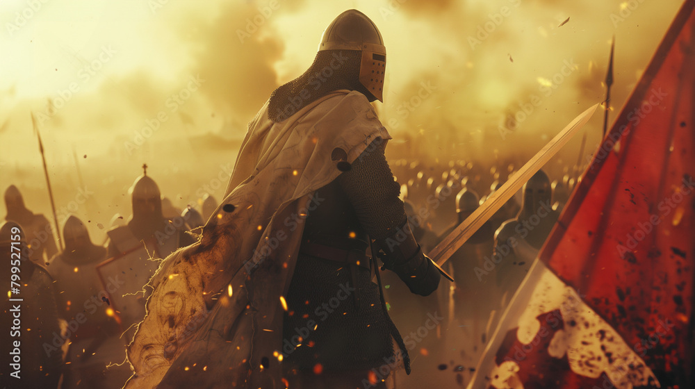 Fototapeta premium Templar hero with helmet, cape, chainmail, and sword, on an epic medieval battlefield, with an army in the background prepared for war, with flags, spears, and a standard. Wallpaper of the Crusades.