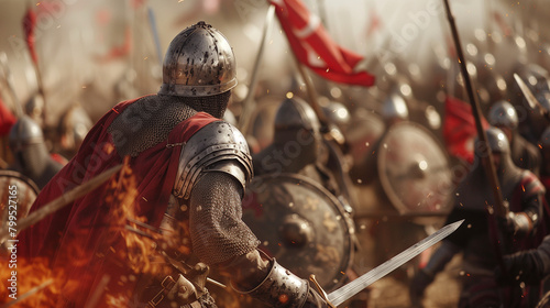 Medieval Crusades of Christians against the Ottoman Turkish Muslims. Soldiers with metal armor and helmets on the battlefield fighting in a war against Islam. photo