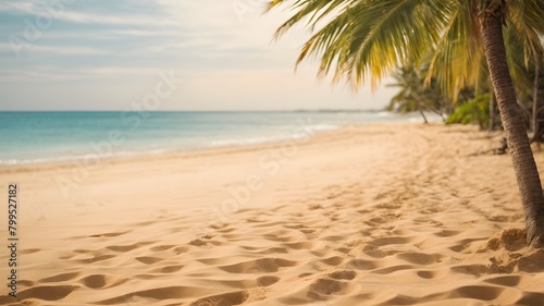 A beach with a palm tree in the foreground