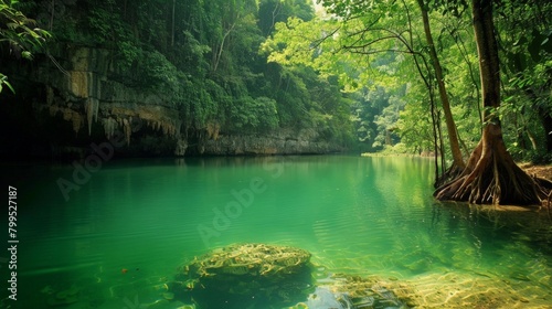 Serene lake with lush forest backdrop