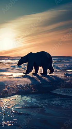 Polar Bear Roaming, A silhouette of a polar bear walking across a snowy landscape