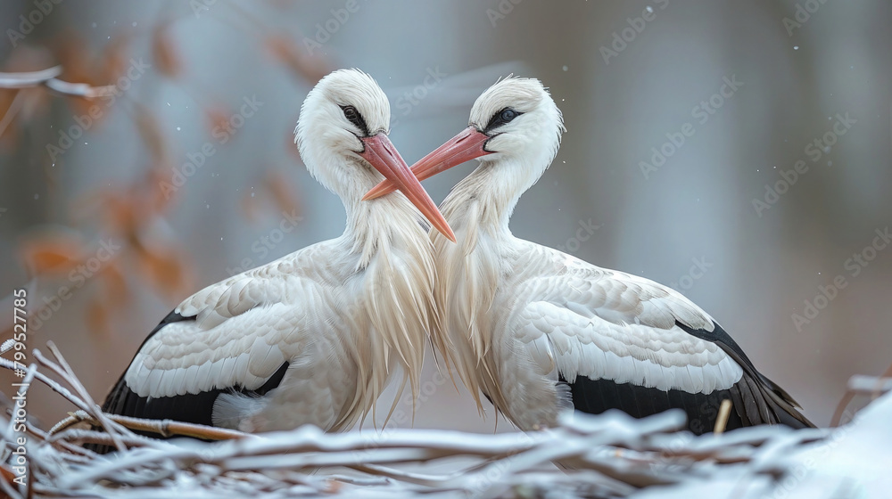 Fototapeta premium A pair of storks engaged in a graceful courtship dance, their synchronized movements a testament to the beauty of nature's rituals.