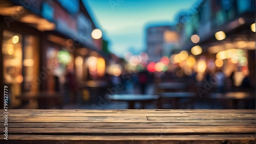 A wooden table with a blurry background of a city street