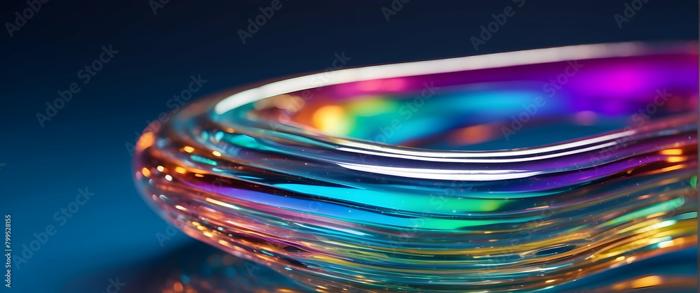 An exquisite close-up photo of a glass ring showing vibrant iridescent color reflections on dark background