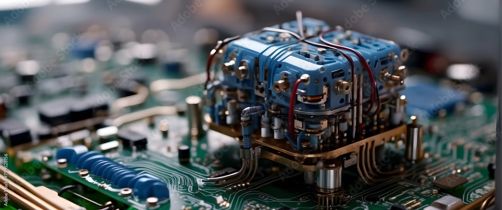 Macro shot of a meticulously crafted miniature engine placed on a green circuit board, reflecting technological precision